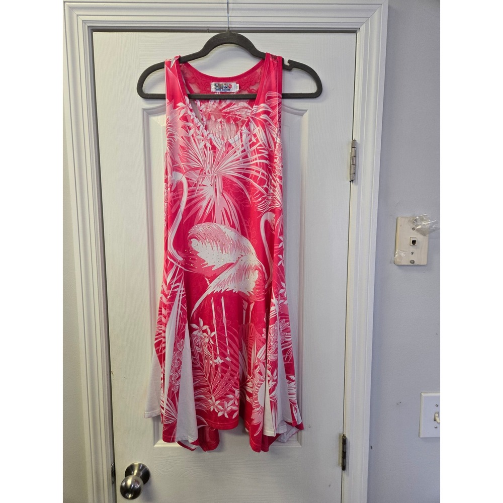 Pink Flamingo Tropical Lace Back Handkerchief Hem Dress Resortwear One Size